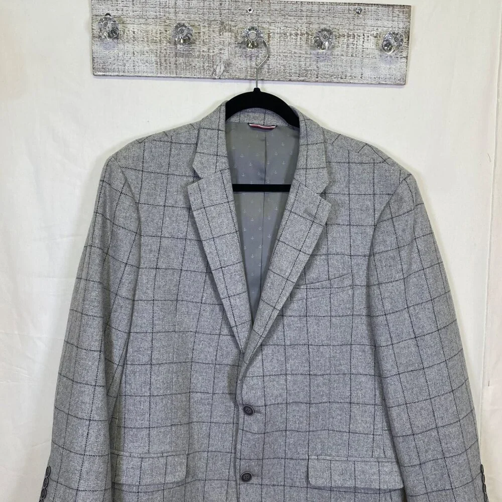 Tommy Hilfiger Mens Gray Windowpane Blazer Jacket 42R Wool Blend Lined Academia